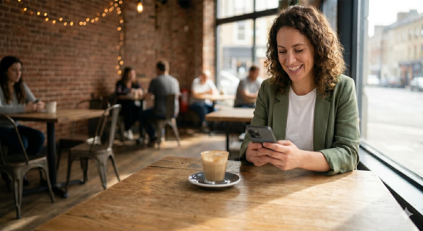 A self-employed business owner checking their finances on the Cash Basis AI app at a coffee shop