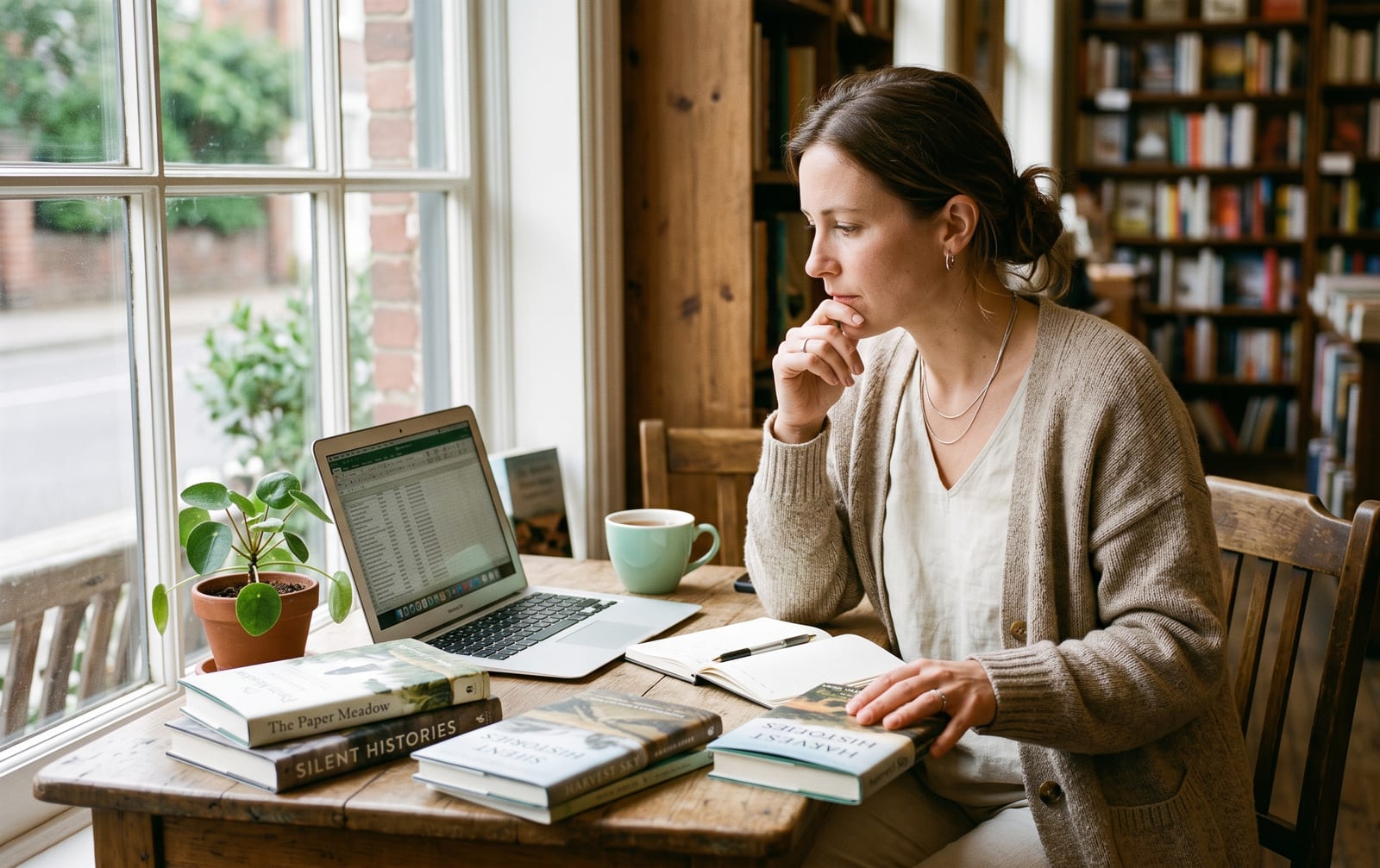 A woman in a cardigan reviews a spreadsheet on her laptop at a book-covered table in a bookshop by a bright window.