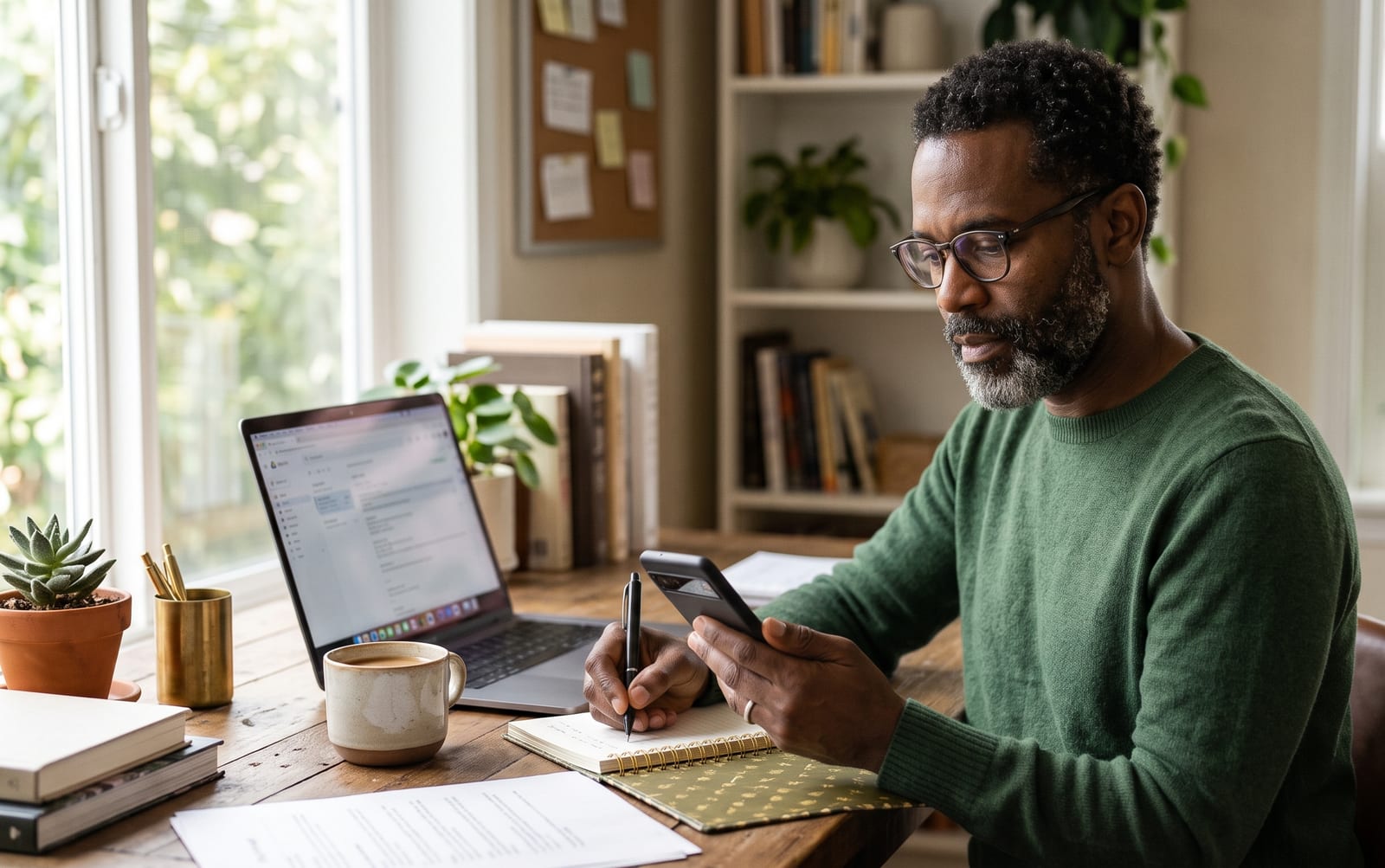 A man in glasses writes in a notebook while checking his phone at a home desk, a laptop and coffee in front of him.